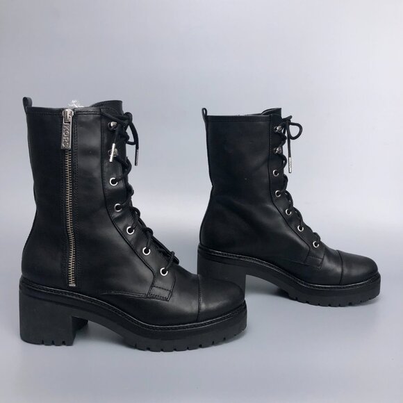 Michael Kors Anaka Black Leather Combat Platform Boots with Chrome MK - Picture 3 of 12